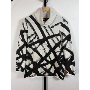 Alison Sheri Cowl Neck Sweater Women XL Black Gray Geometric 3/4 Sleeve Knit
